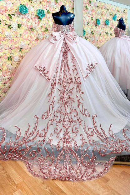 Princess Quinceanera Dress in Dusty Rose with Off-Shoulder Beaded Applique and Tulle Bow