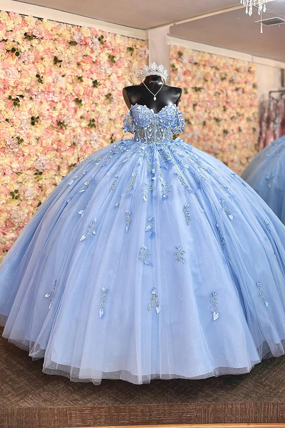 Princess Quinceanera Dress in Dusty Rose with Beaded Applique and Off-Shoulder Tulle Train