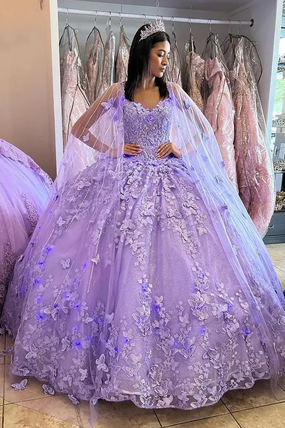Quinceanera Dress in Lilac with Caped Tulle and Spaghetti Straps, Featuring Appliques