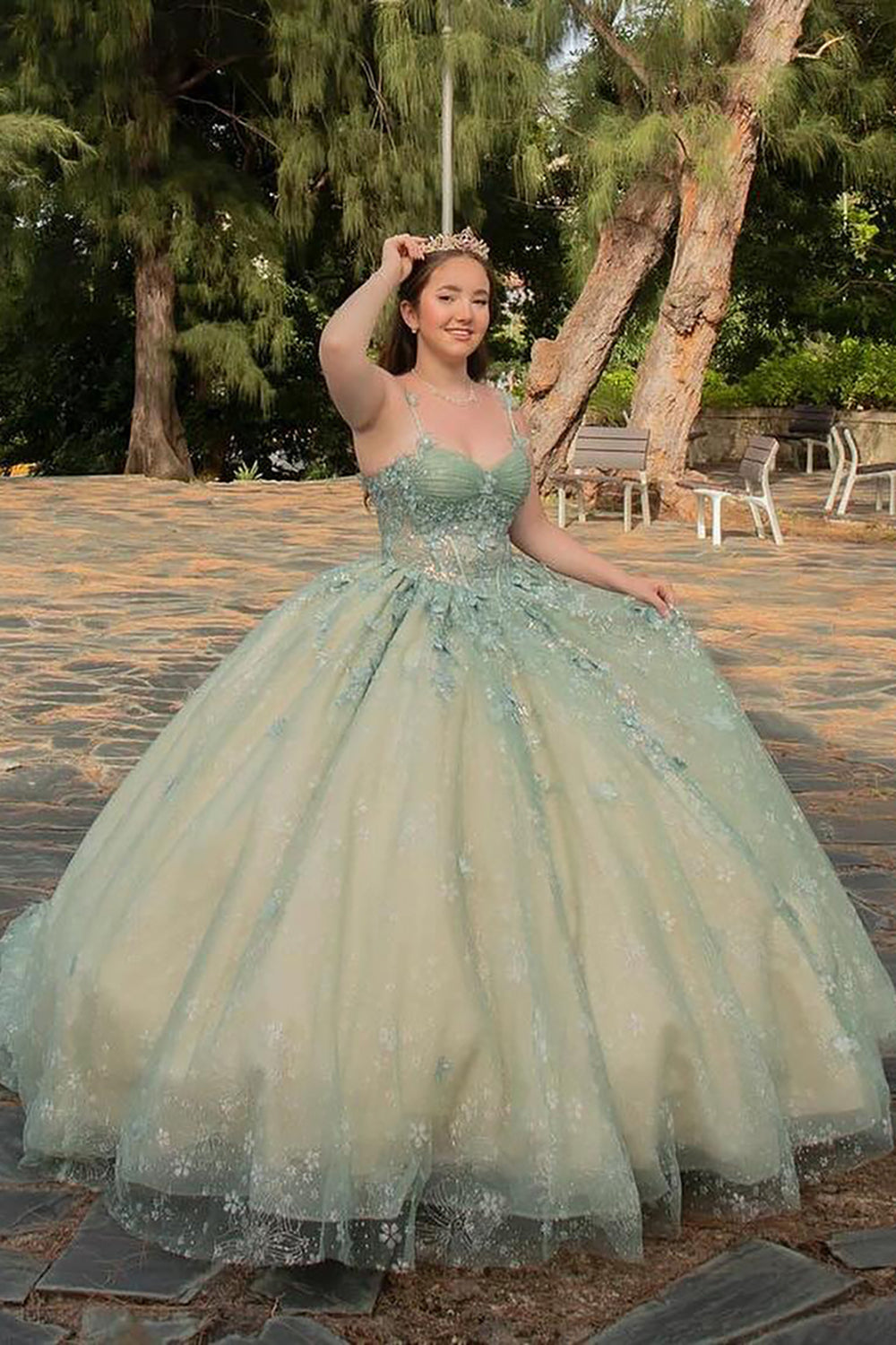 Quinceanera Dress in Dusty Sage with Tulle Spaghetti Straps and Appliques