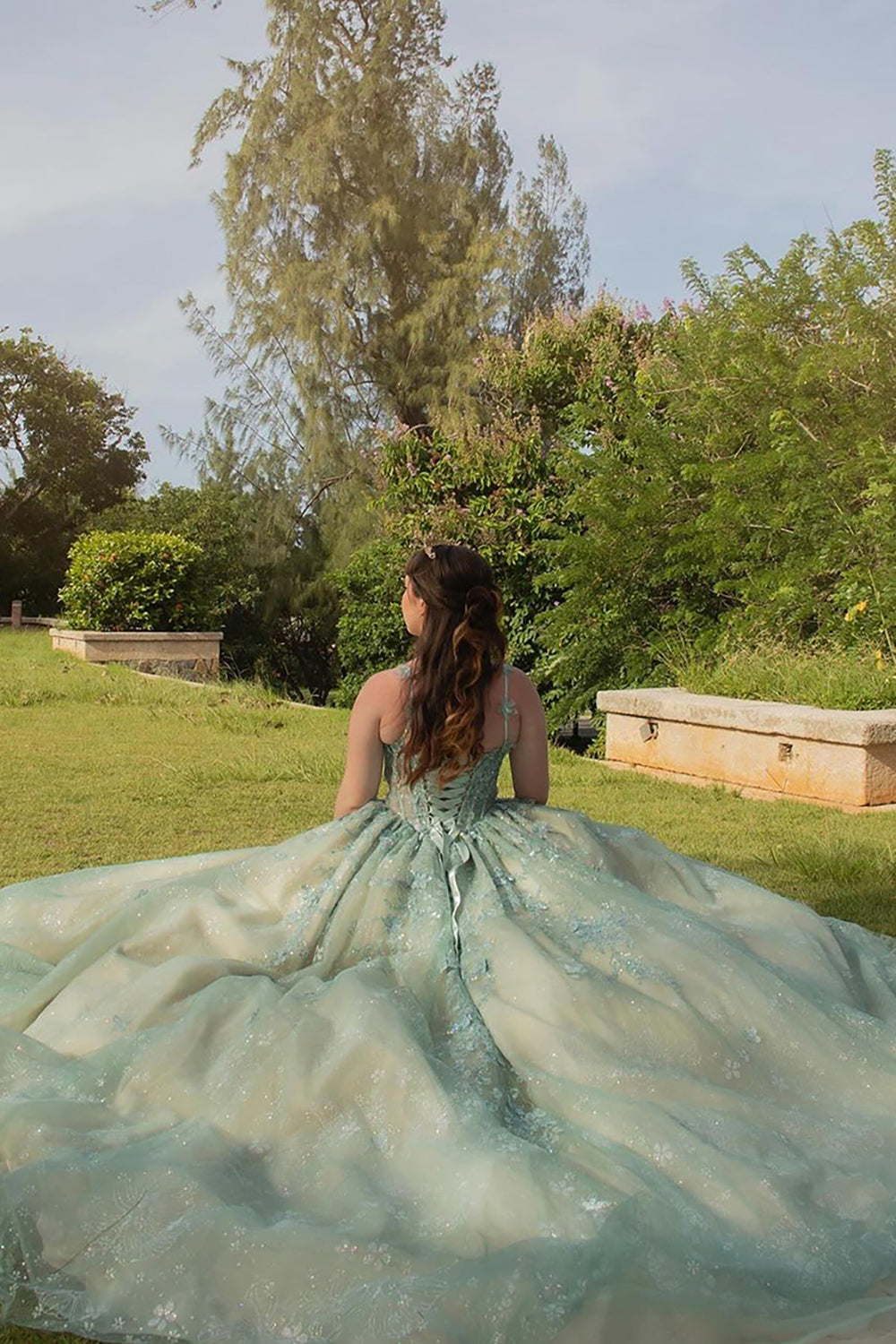 Quinceanera Dress in Dusty Sage with Tulle Spaghetti Straps and Appliques