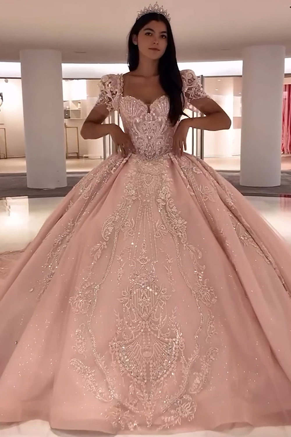 Pink Sparkle Square-Neck Puff-Sleeve Ball Gown with Applique and Train for Quinceanera