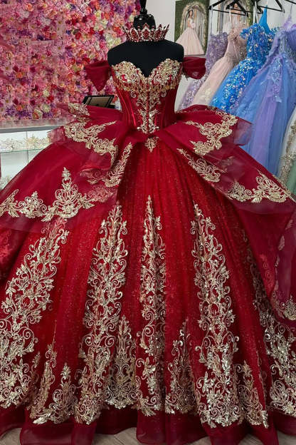 Red Sparkle Off-Shoulder Tulle Quinceanera Ball Gown with Gold Appliques