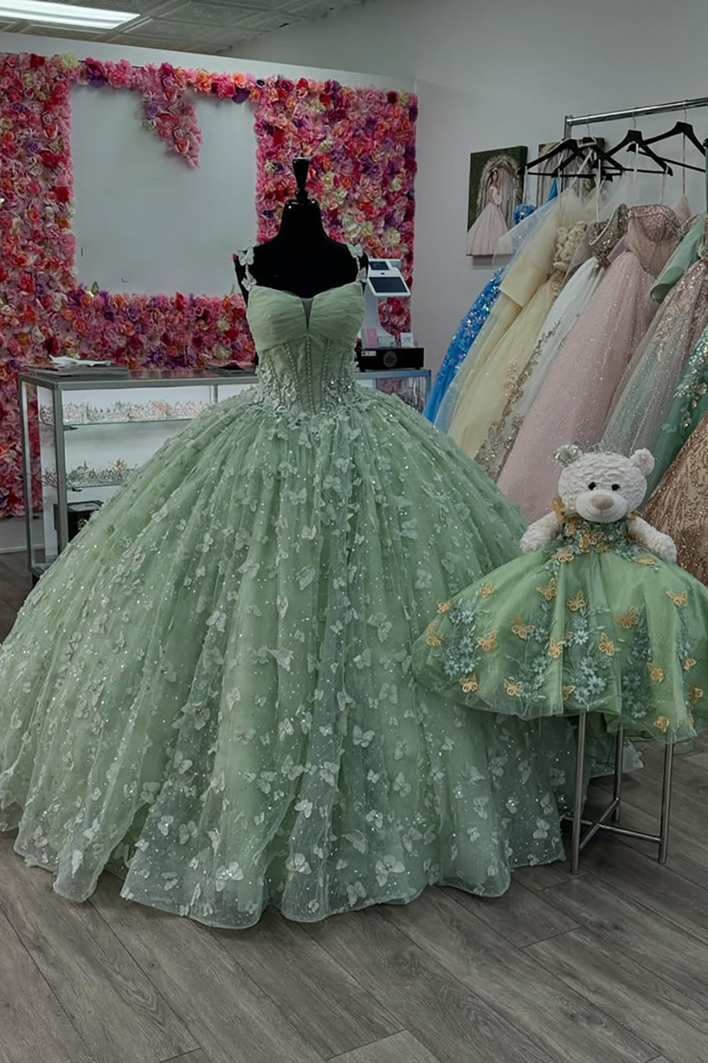Princess Quinceanera Corset Dress in Sage with Tulle and Spaghetti Straps Applique