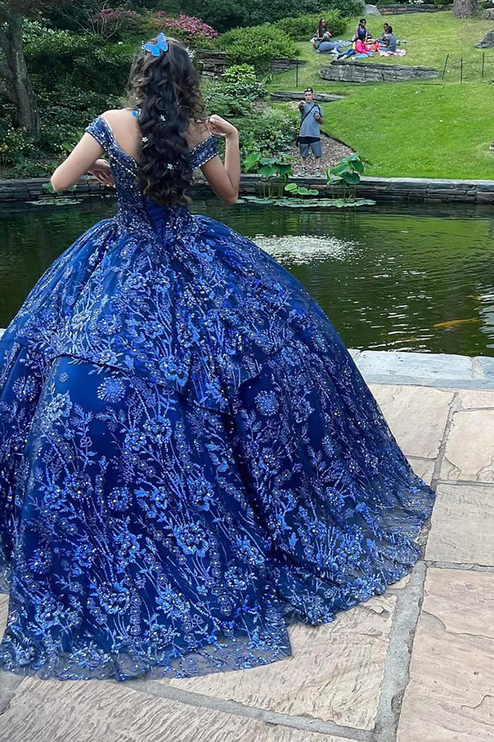 Navy Off-the-Shoulder Ball Gown with Sparkly Sequins Applique for Quinceanera
