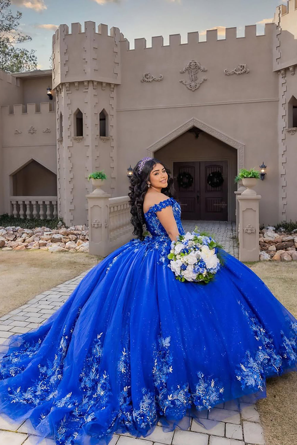 Princess Quinceanera Dress in Royal Blue with Appliques, Off the Shoulder