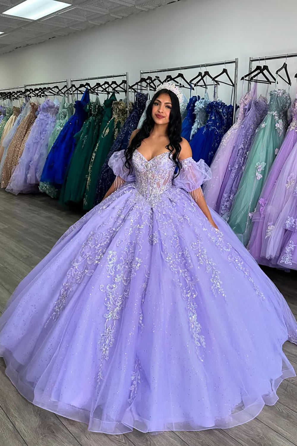 Sweetheart Princess Quinceanera Dress in Lilac with Puff Sleeves and Applique