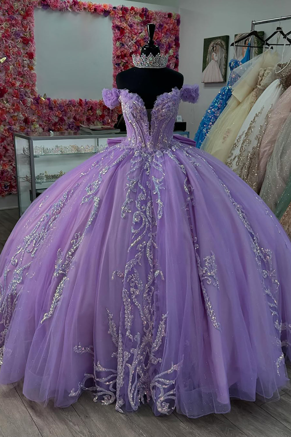 Quinceanera Ball Gown in Purple Tulle with Off-Shoulder Design and Sequins Appliques