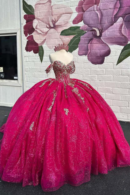 Princess Off-the-Shoulder Quinceanera Dress in Fuchsia with Applique and Train