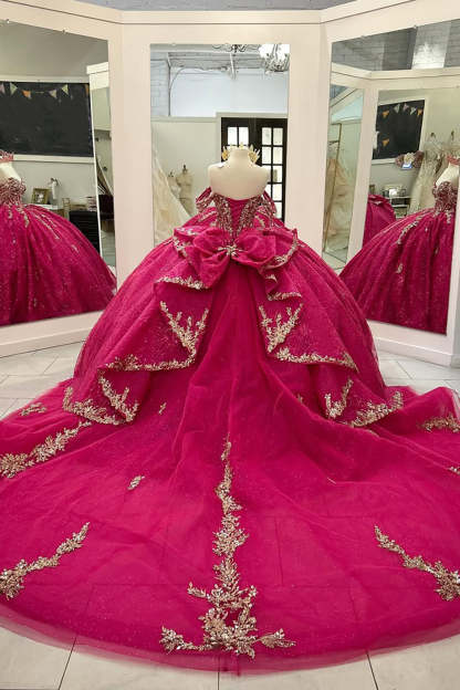 Princess Off-the-Shoulder Quinceanera Dress in Fuchsia with Applique and Train