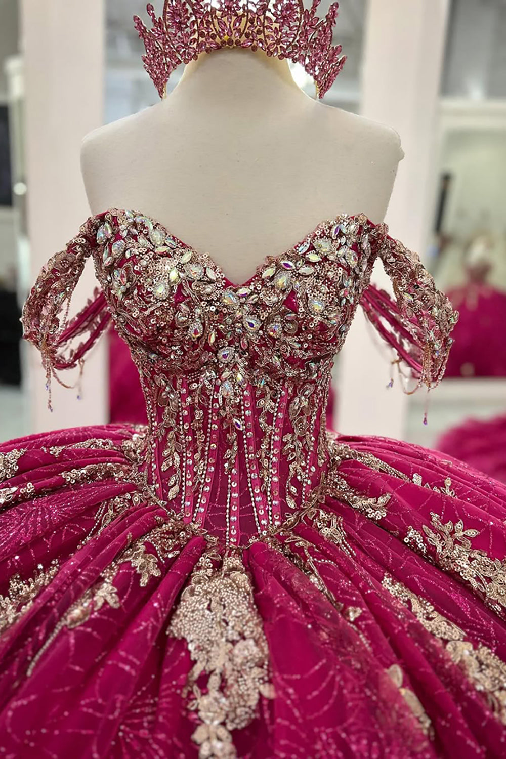 Princess Off-the-Shoulder Quinceanera Dress in Fuchsia with Applique and Train