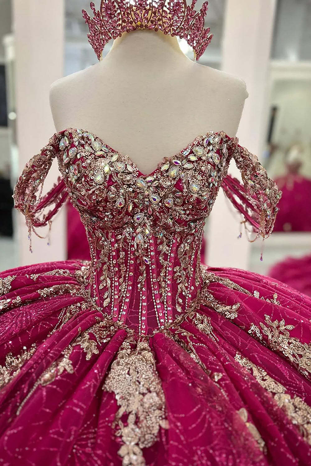 Princess Off-the-Shoulder Quinceanera Dress in Fuchsia with Applique and Train