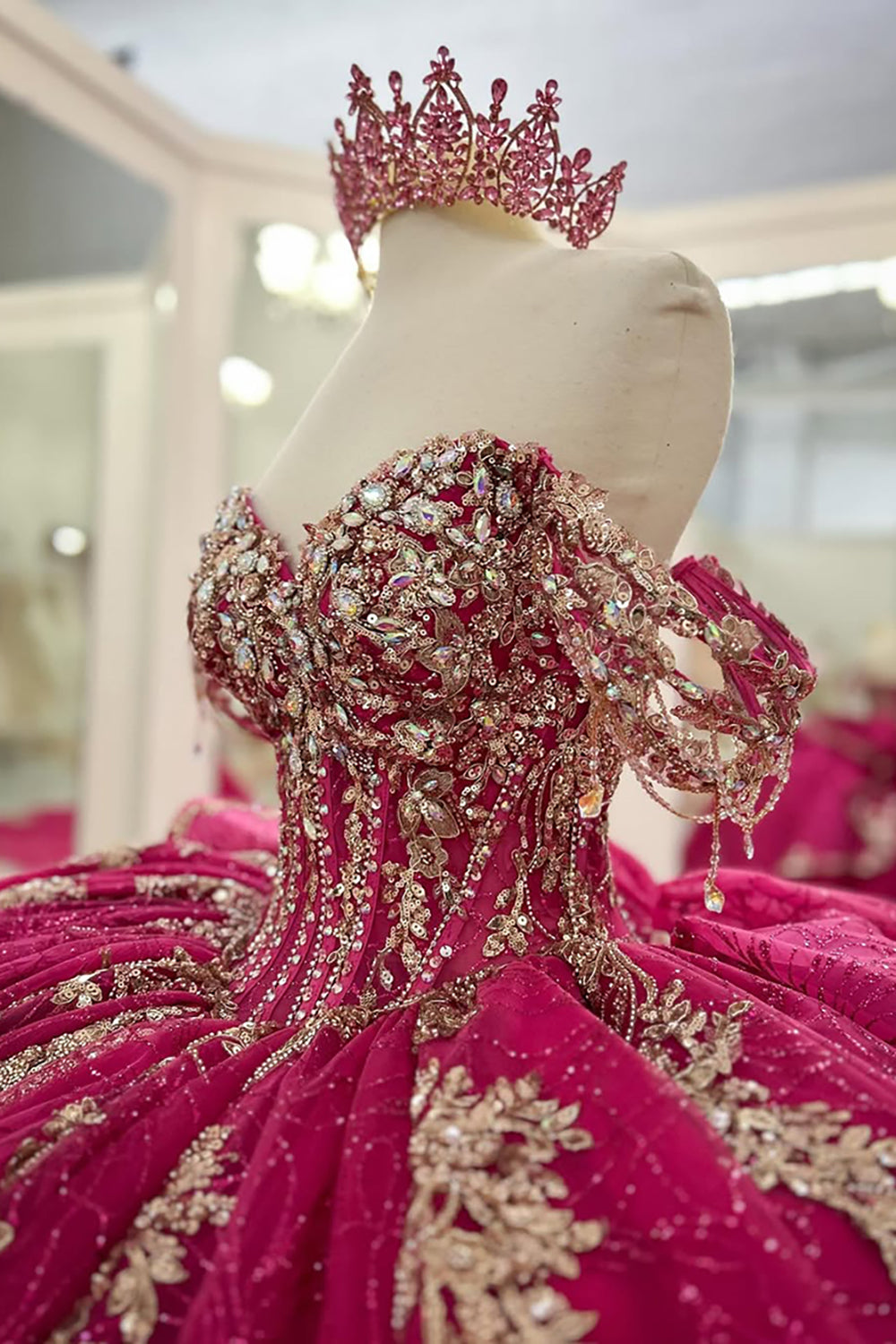 Princess Off-the-Shoulder Quinceanera Dress in Fuchsia with Applique and Train