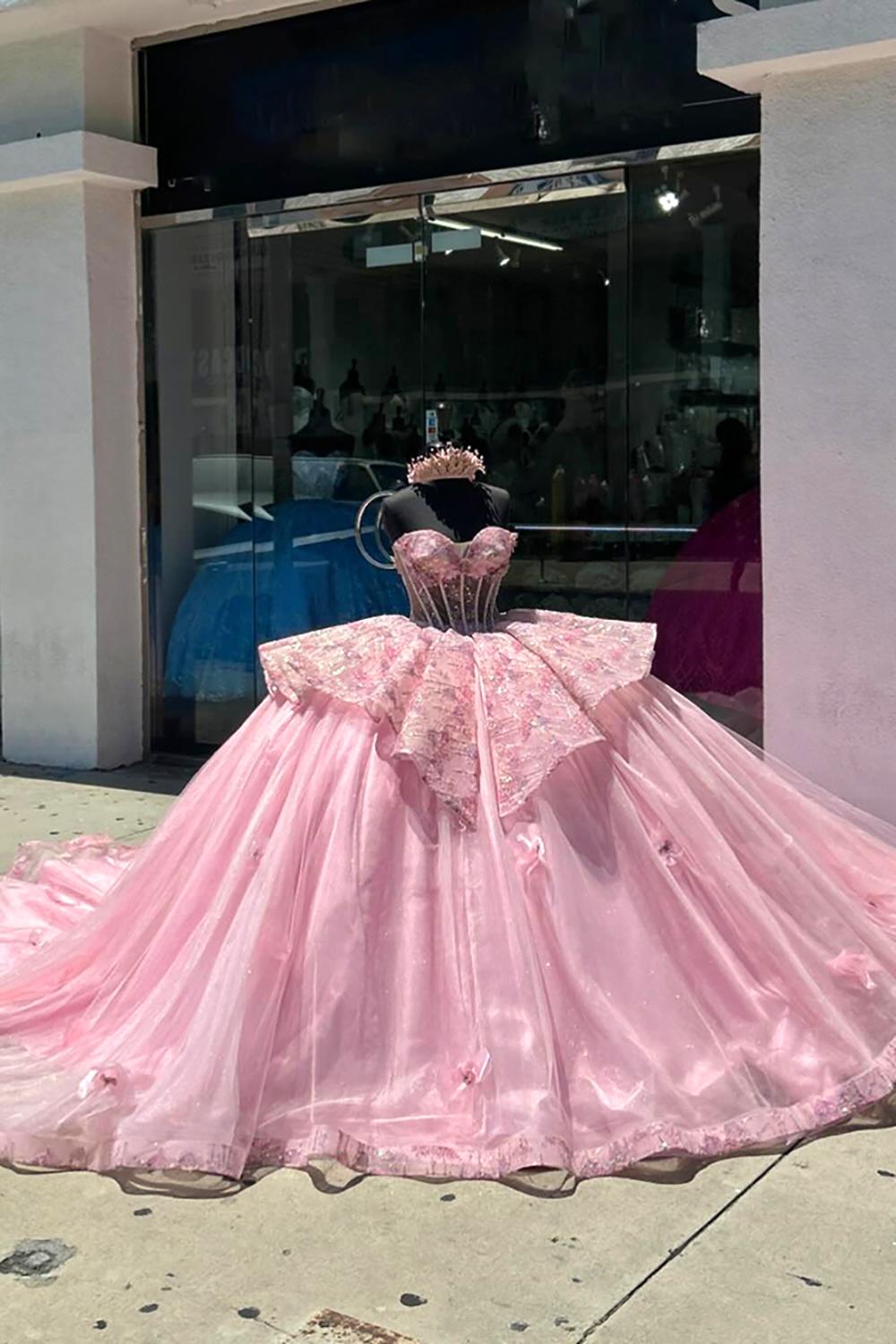 Sweetheart Ball Gown in Pink with Organza Applique and Train for Quinceanera