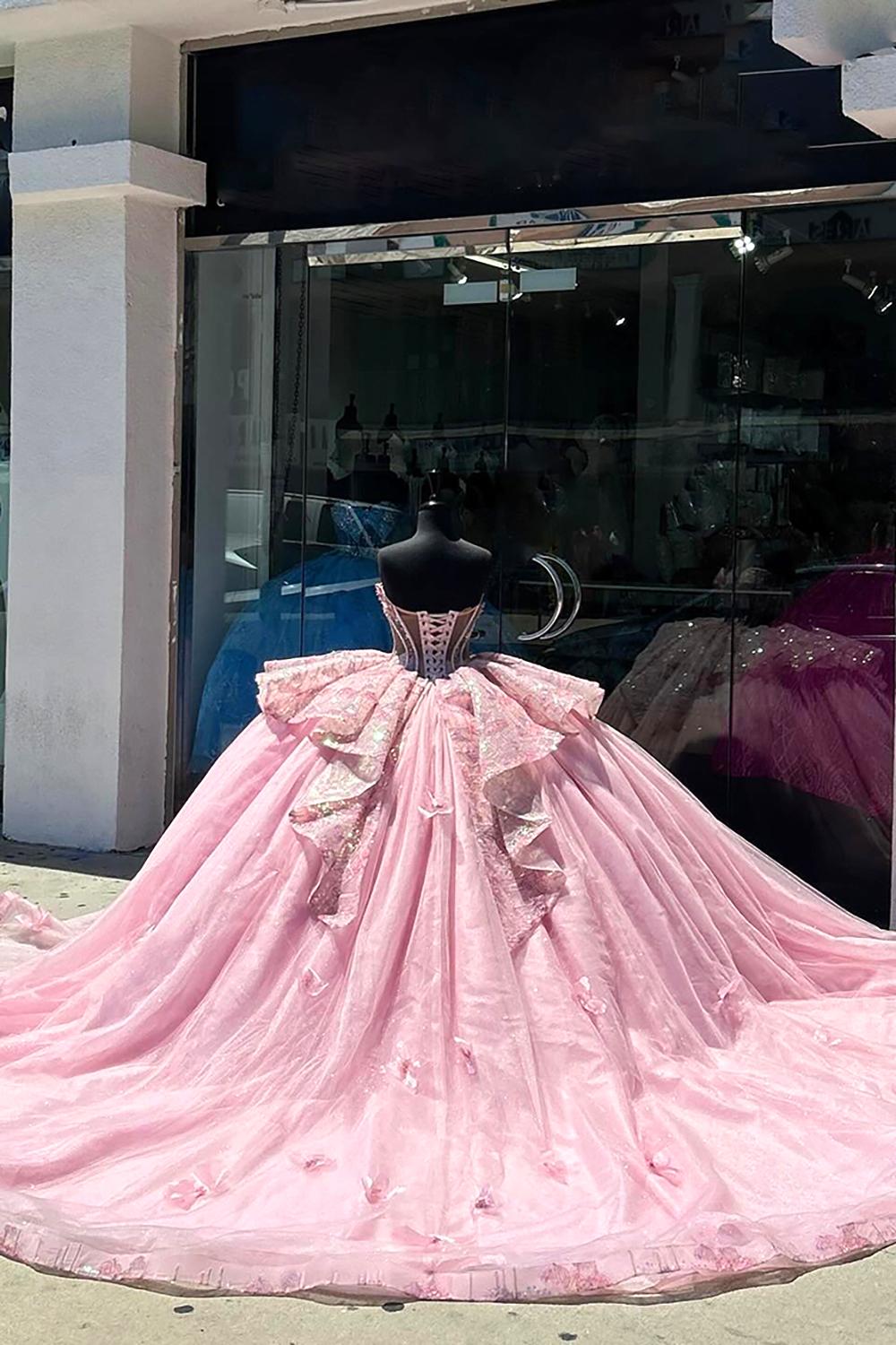 Sweetheart Ball Gown in Pink with Organza Applique and Train for Quinceanera