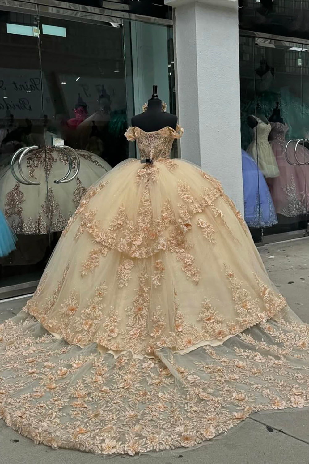 Off-the-Shoulder Champagne Ball Gown with Applique and Train for Quinceanera