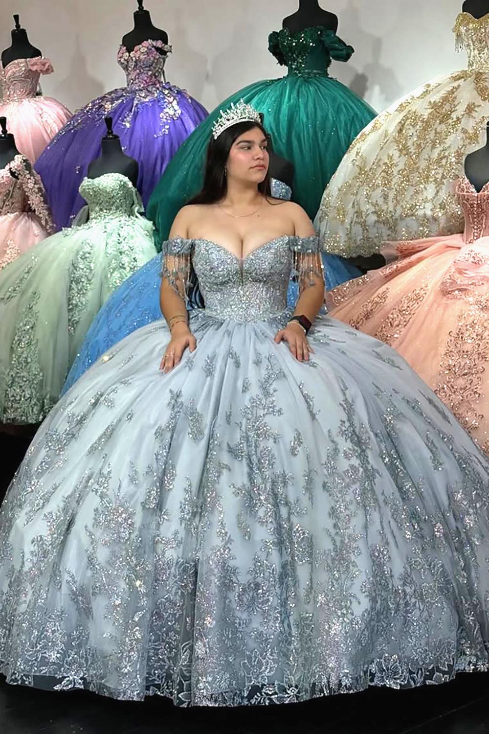 Silver Ball Gown with Sparkly Off-Shoulder Sequins and Fringe for Quinceanera