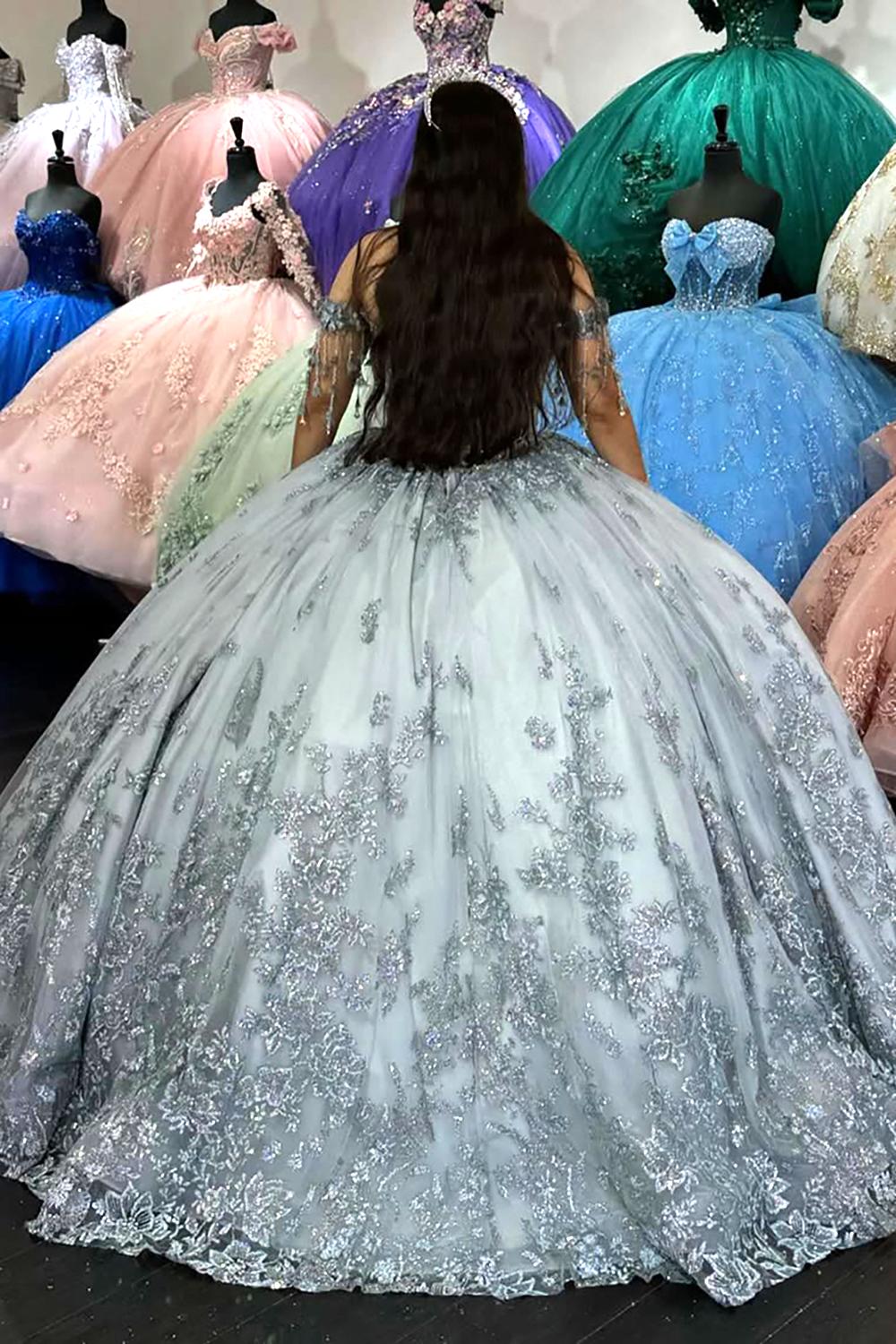 Silver Ball Gown with Sparkly Off-Shoulder Sequins and Fringe for Quinceanera