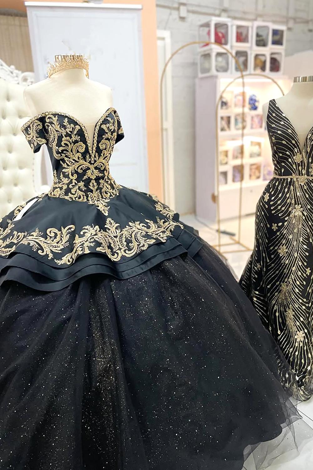 Black Sparkle Princess Quinceanera Dress with Gold Appliques, Off-the-Shoulder