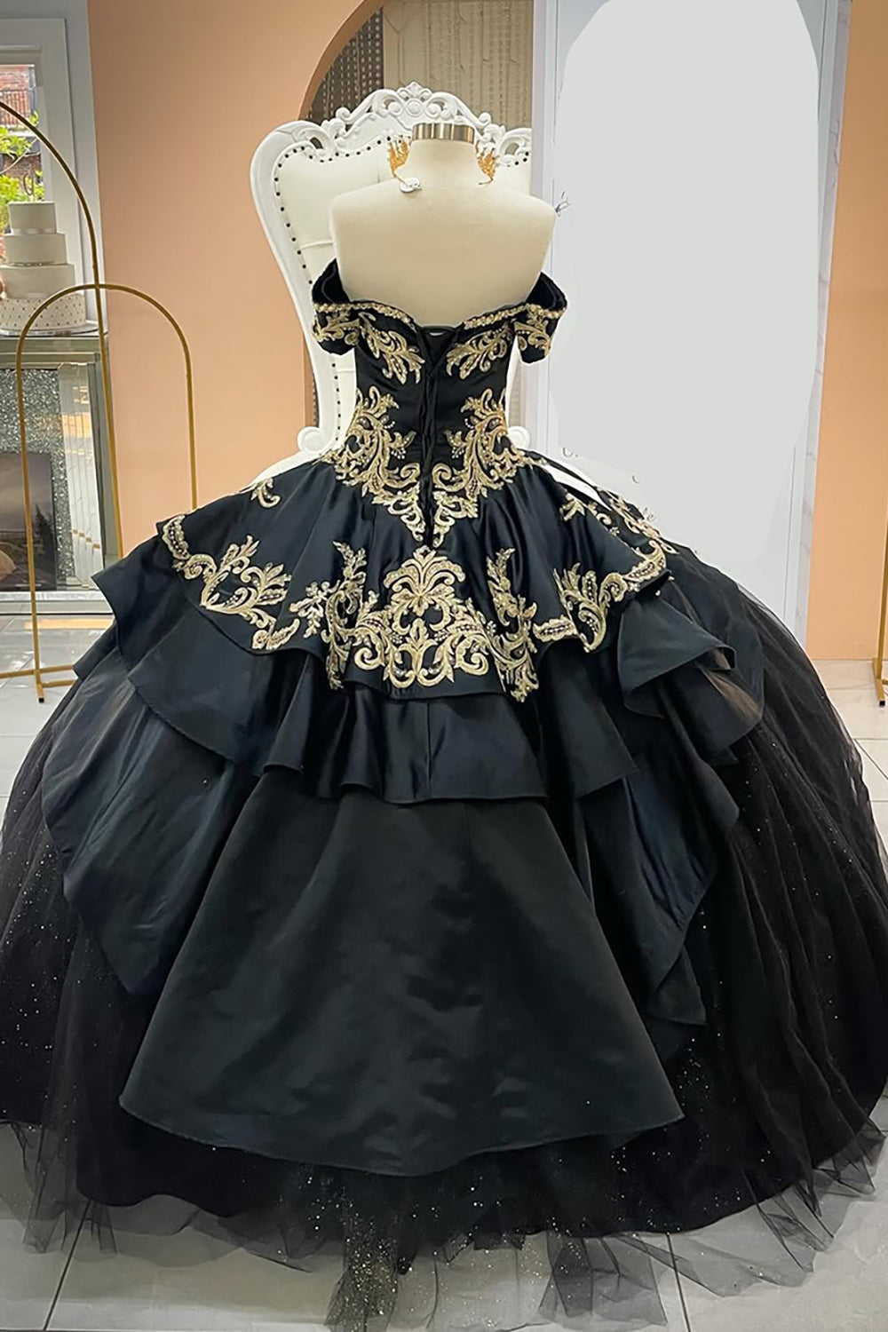 Black Sparkle Princess Quinceanera Dress with Gold Appliques, Off-the-Shoulder