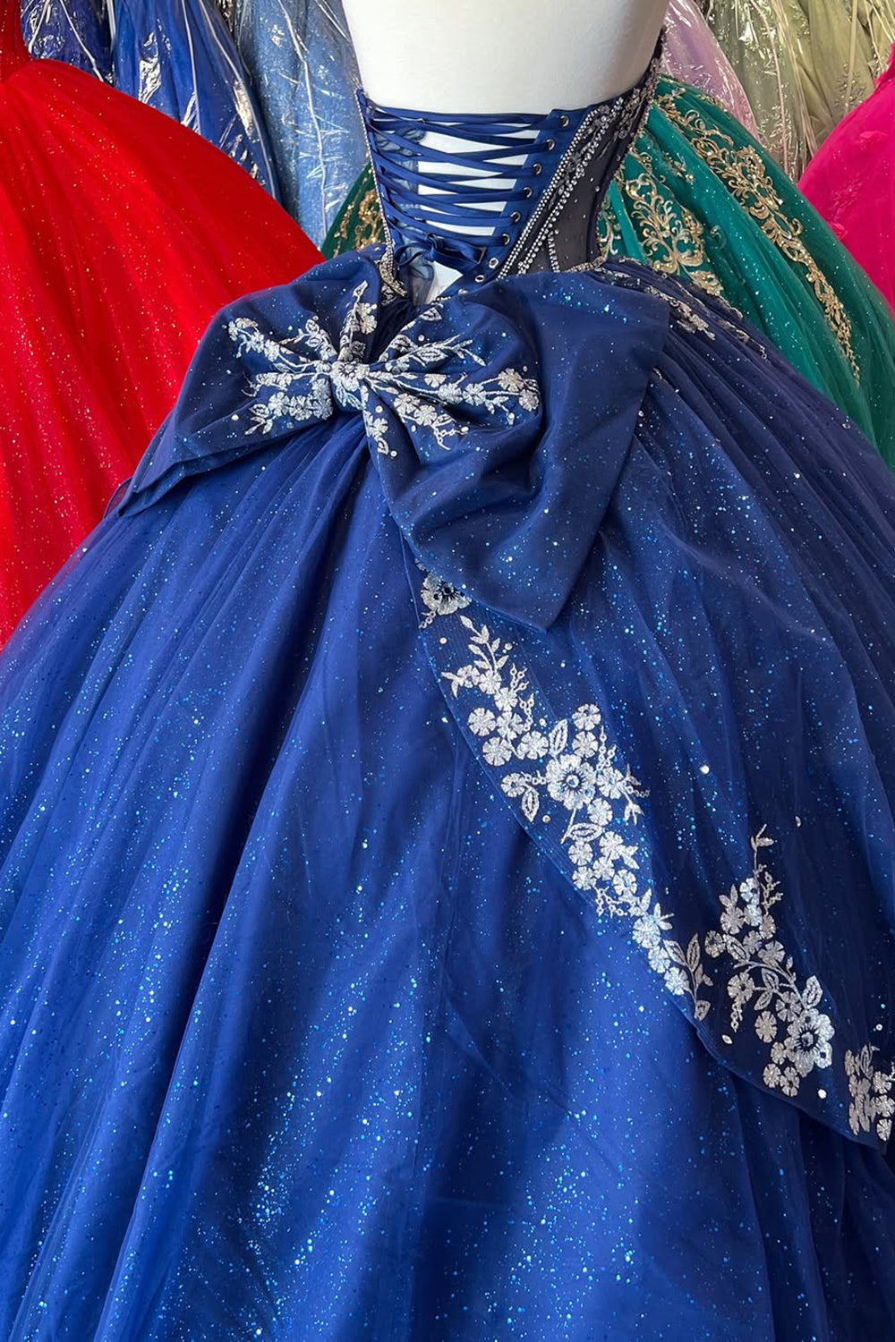 Navy Sparkle Princess Quinceanera Dress with Off-Shoulder Beaded Tulle Applique