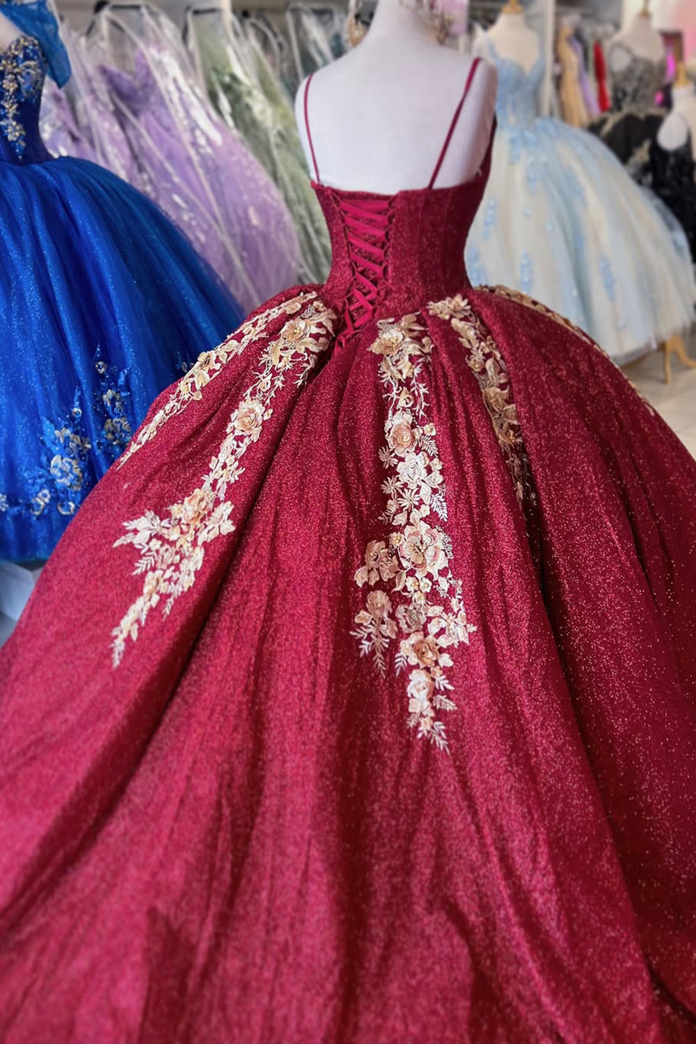 Burgundy Sparkle Princess Quinceanera Dress with Sequins and Appliques on Spaghetti Straps