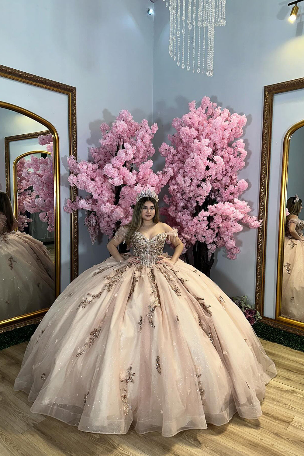 Champagne Off-the-Shoulder Sparkly Ball Gown with Sequins Applique and Tulle Train for Quinceanera