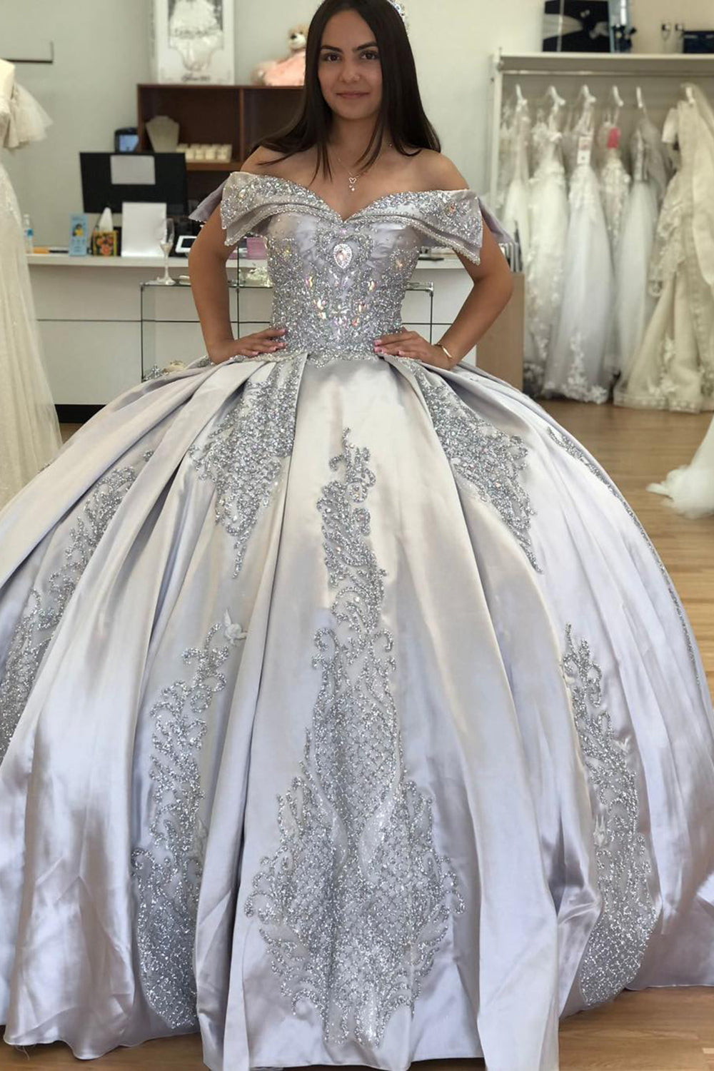 Silver Sparkle Off-Shoulder Satin Princess Quinceanera Dress with Sequins Applique and Train