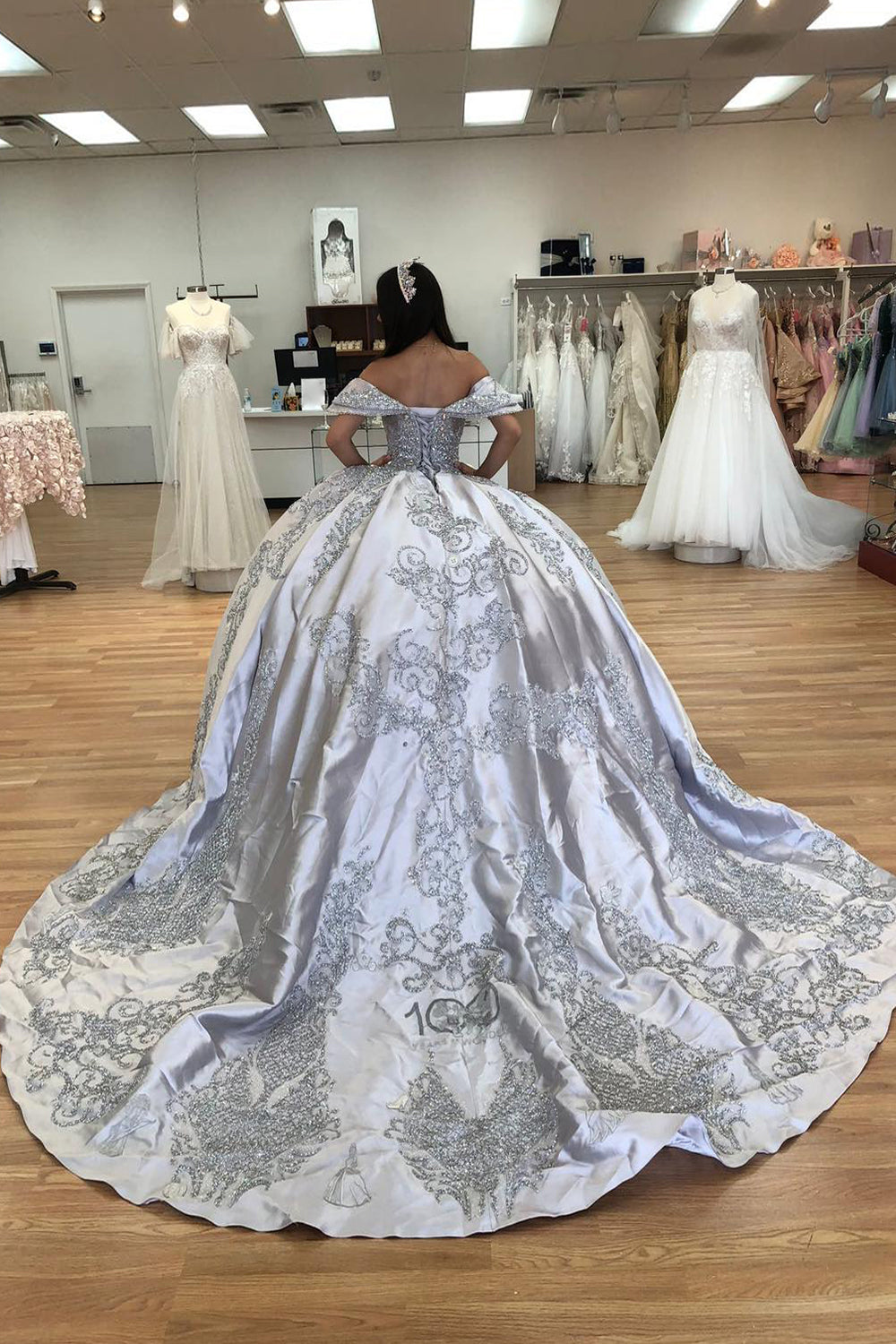Silver Sparkle Off-Shoulder Satin Princess Quinceanera Dress with Sequins Applique and Train