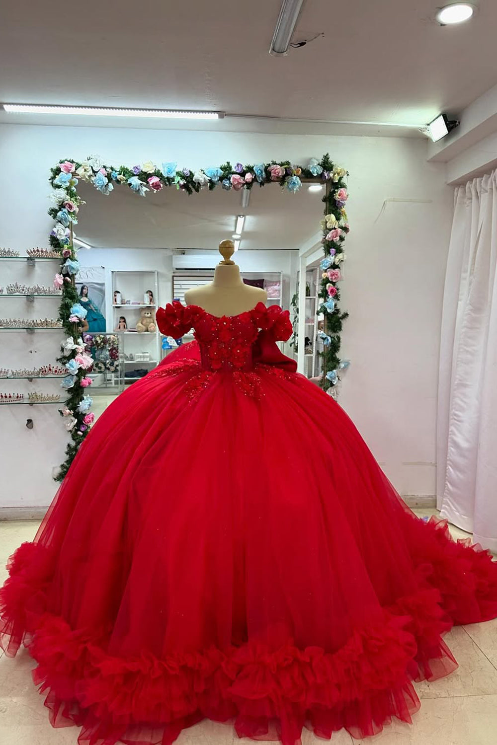 Princess Quinceanera Dress in Red with Off-the-Shoulder Beaded Tulle and Bow