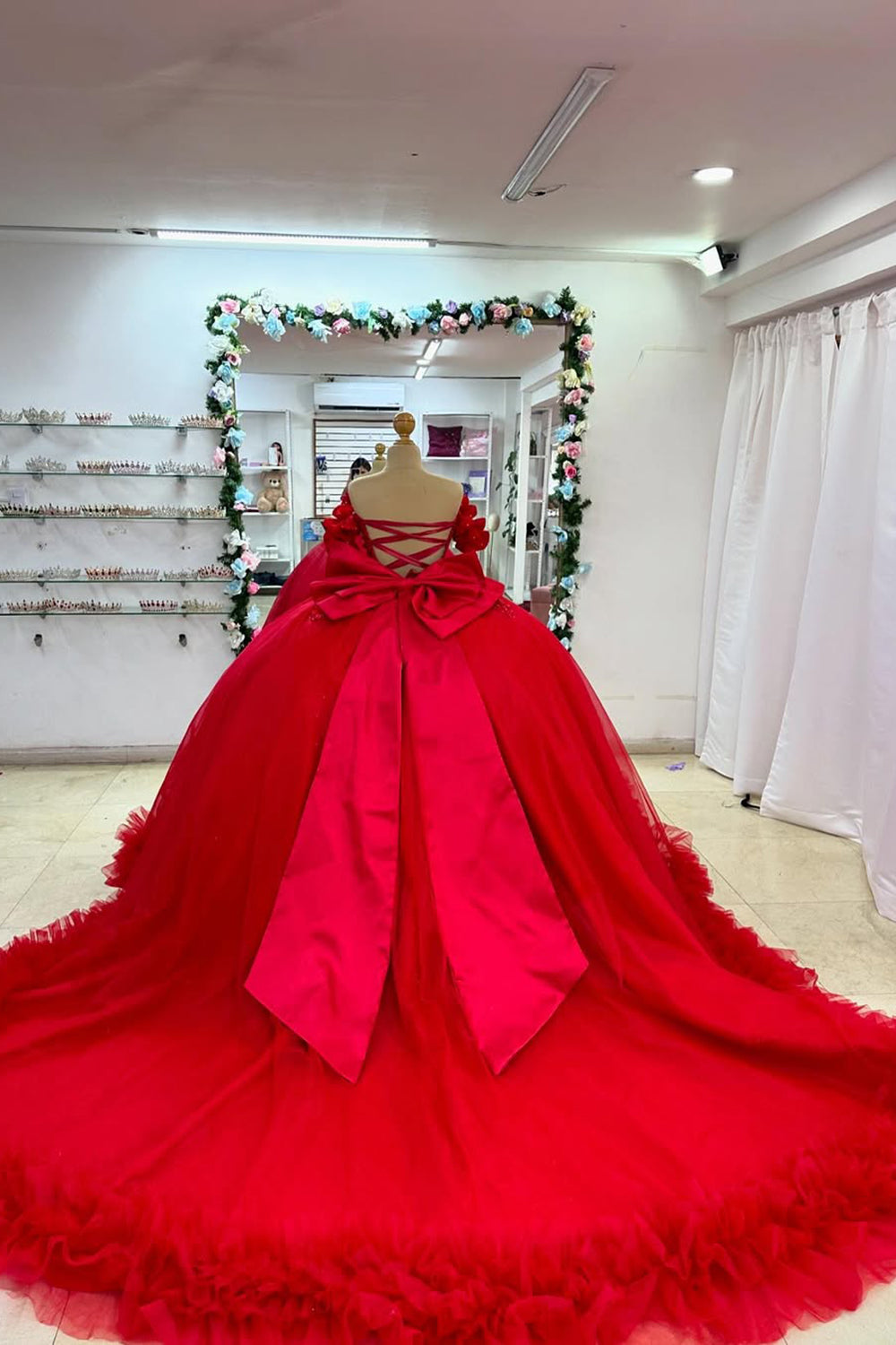 Princess Quinceanera Dress in Red with Off-the-Shoulder Beaded Tulle and Bow