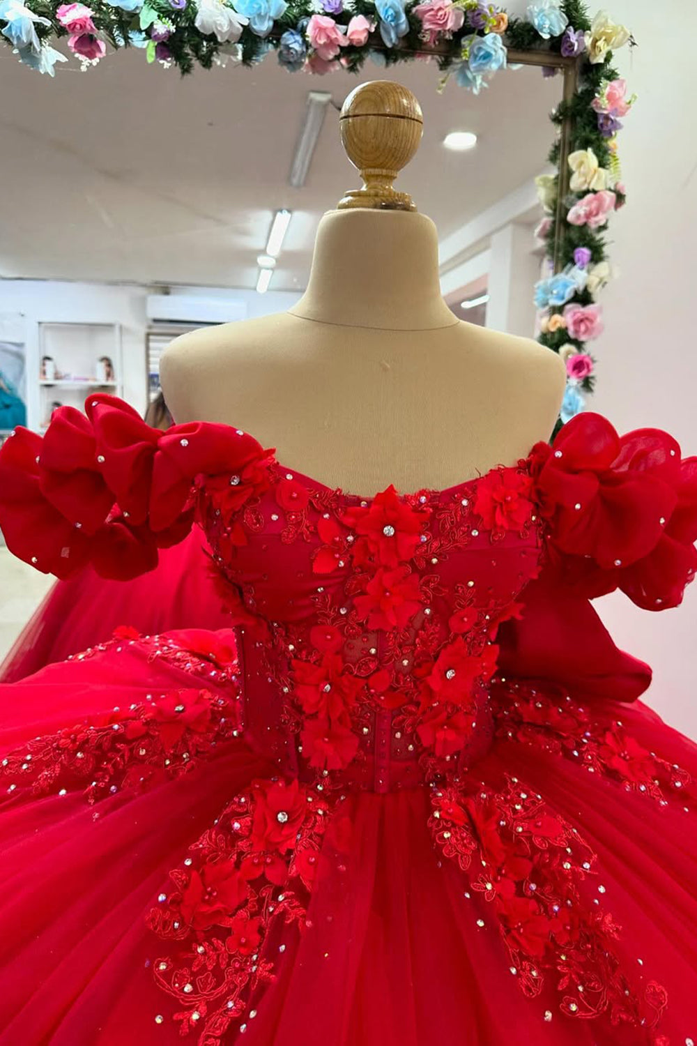 Princess Quinceanera Dress in Red with Off-the-Shoulder Beaded Tulle and Bow