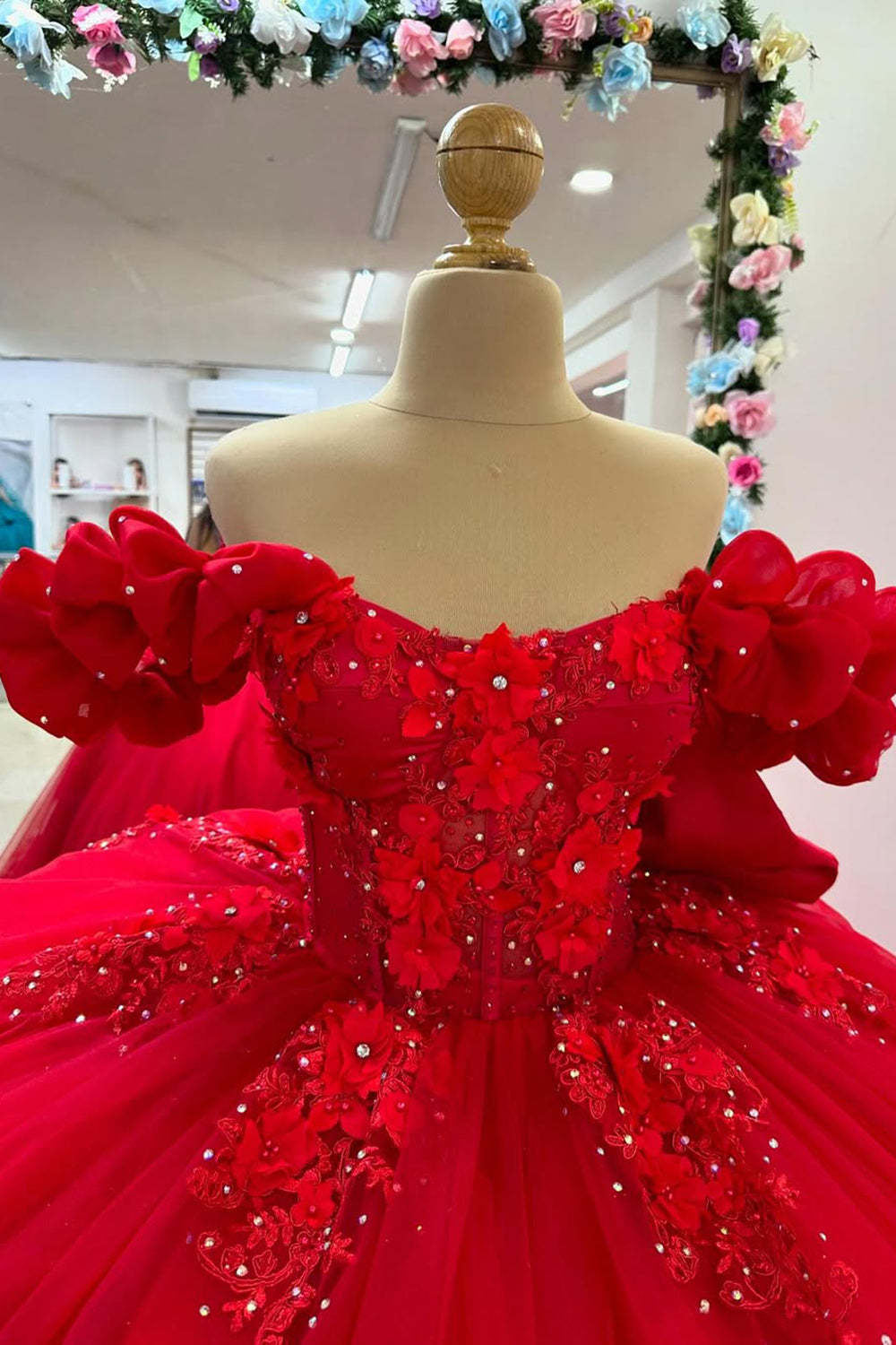 Princess Quinceanera Dress in Red with Off-the-Shoulder Beaded Tulle and Bow