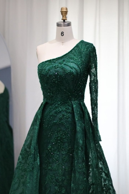 Bmbridal Dark Green Stain One Shoulder A-Line Prom Dresses with Lace