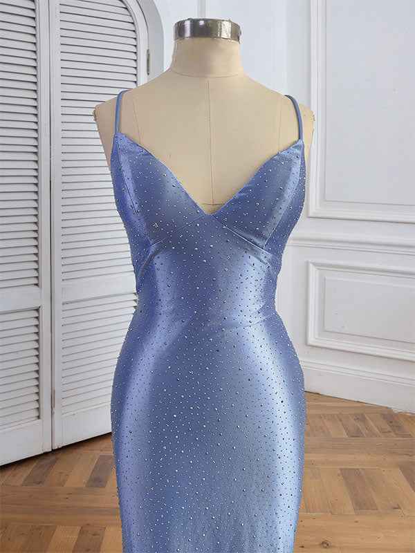 Blue Mermaid Spaghetti Straps V-Neck Rhinestone Prom Dress
