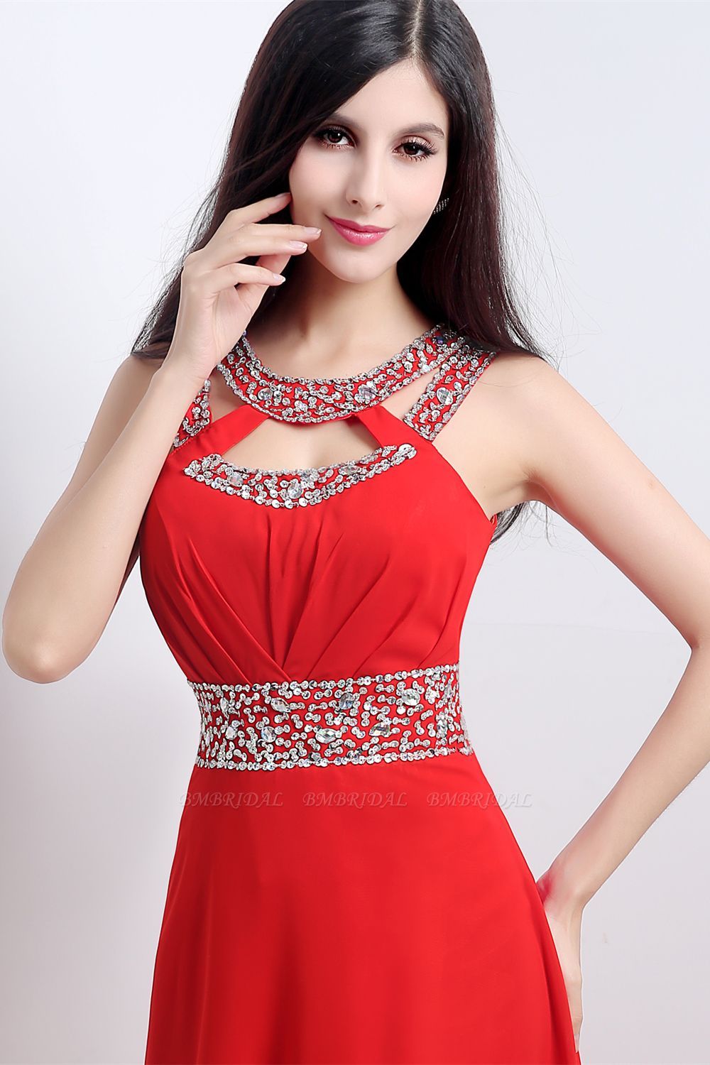 A Line High Slit Long Red Chiffon Beaded Prom Dresses