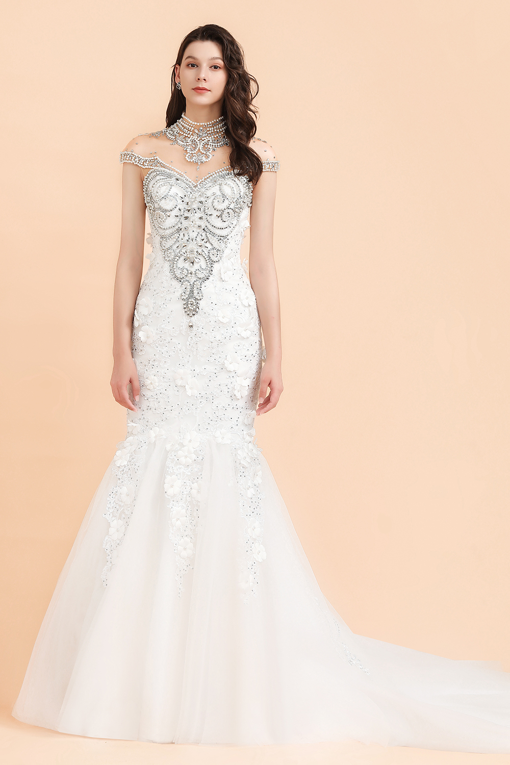 BMbridal Luxury Mermaid Wedding Dress Tulle Lace Sequins Sleeveless Bridal Gowns with Pearls-BMbridal
