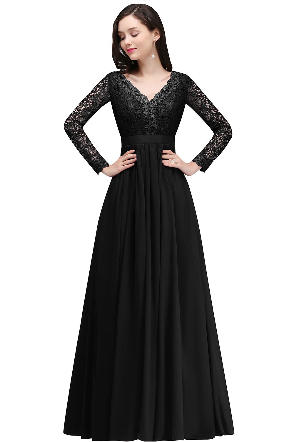 BMbridal Elegant A-line Chiffon Lace Long Sleeves Evening Dress