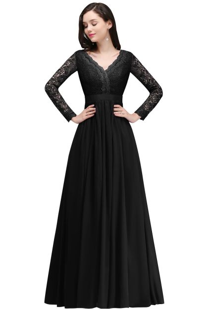 BMbridal Elegant A-line Chiffon Lace Long Sleeves Evening Dress