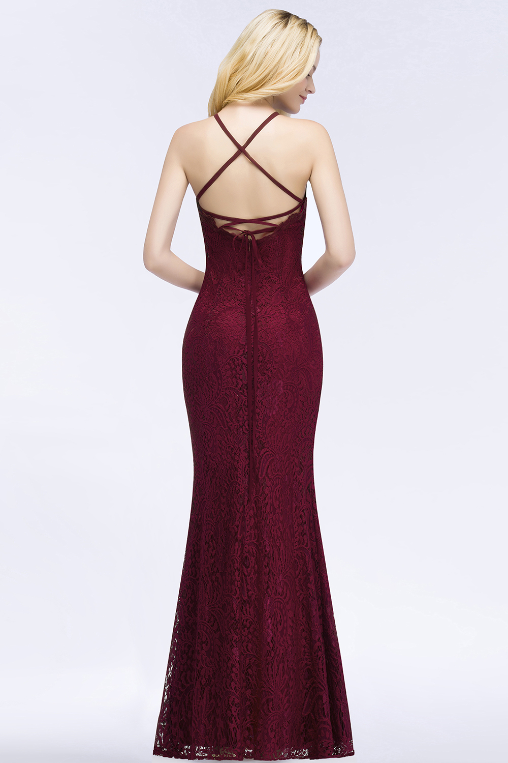 BMbridal Sexy Mermaid Lace Long Burgundy Bridesmaid Dresses with Crisscross Back-BMbridal