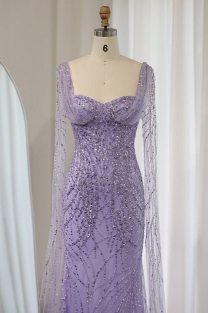 Bmbridal Lilac Tulle Square Column Sleeveless Floor-Length Prom Dresses with Lace