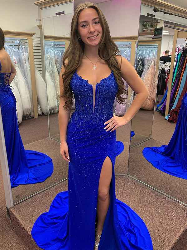 Red Mermaid Spaghetti Straps Beaded Applique Long Prom Dress with Slit