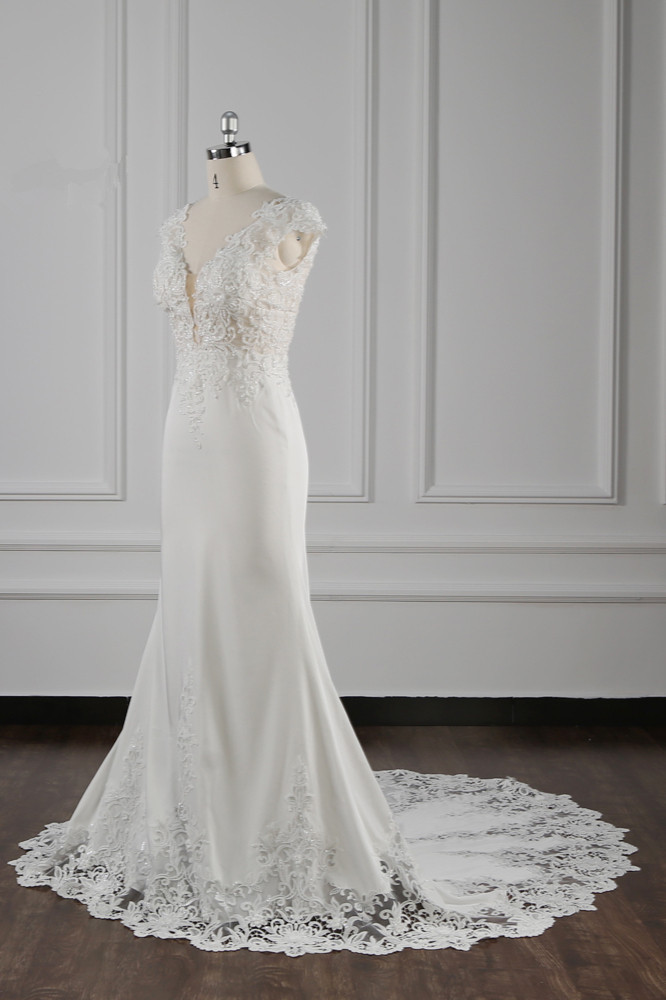 BMbridal Elegant V-neck Chiffon Lace Wedding Dress Beadings Appliques Mermaid Bridal Gowns Online-BMbridal
