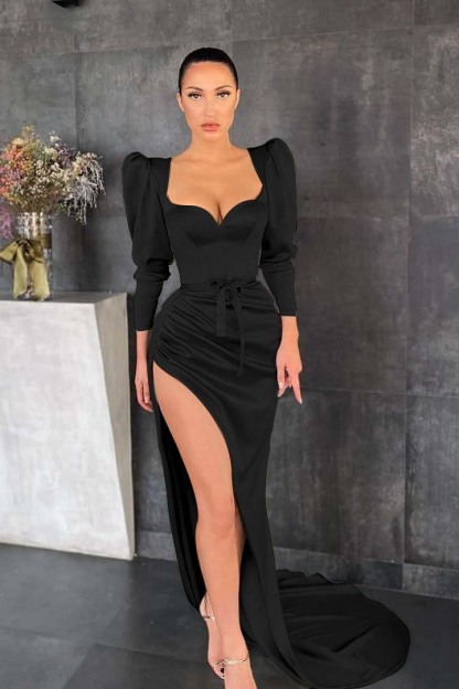 Glamorous Dusty Sage Long Sleeves Pleated Long Prom Dress Split With Belt