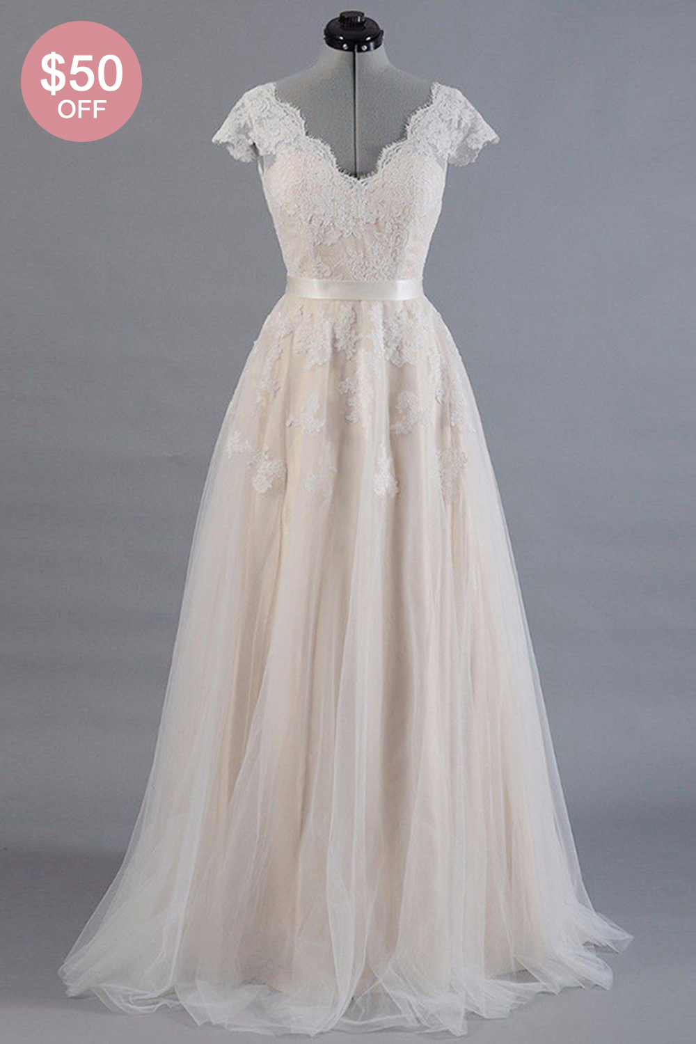 BMbridal Affordable V-neck A-line Wedding Dresses Shorts leeves Tulle Lace Bridal Gowns On Sale