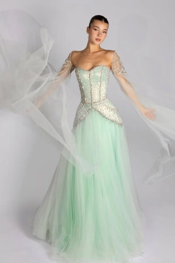 Long Sleeves Sweetheart Long A Line Prom Dress With Pleated Beading