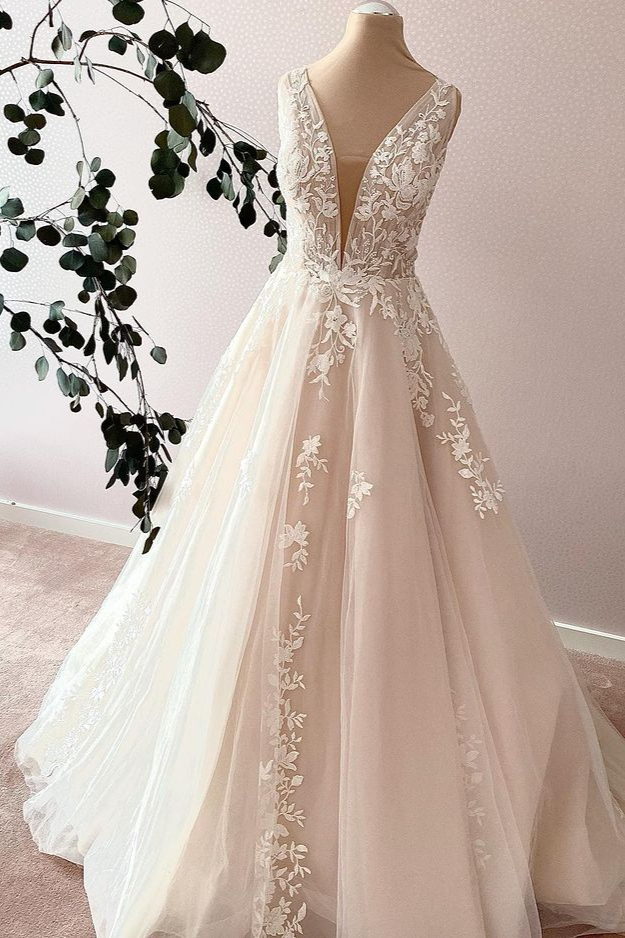 Bmbridal V-Neck Sleeveless Tulle Wedding Dress A-Line-BMbridal