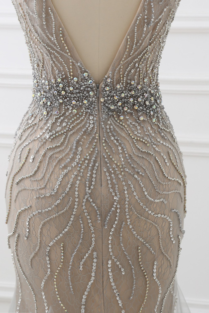 BMbridal Elegant Strap V-Neck Sleeveless Mermaid Prom Dresses with Beadings Ruffles