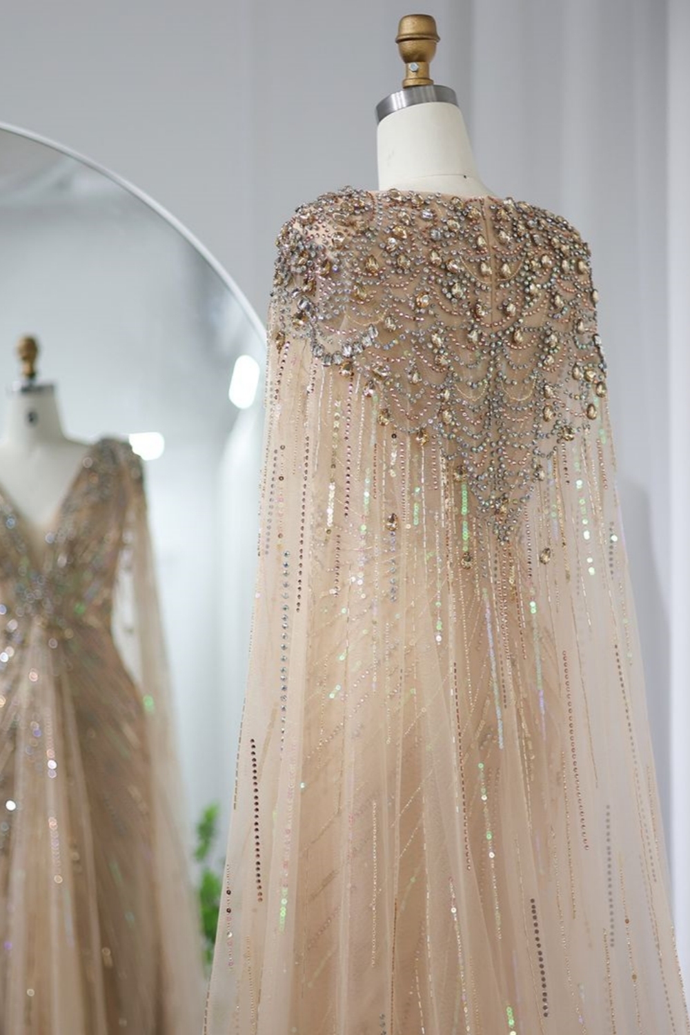Bmbridal A-Line Gold V-Neck Floor-Length Tulle Prom Dresses with Appliques