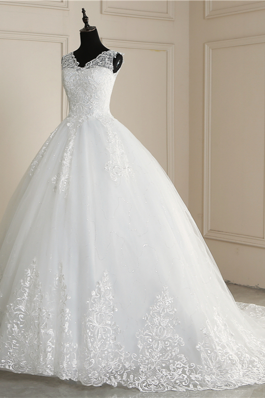 BMbridal Elegant V-Neck Tull Lace White Wedding Dress Sleeveless Appliques Bridal Gowns On Sale